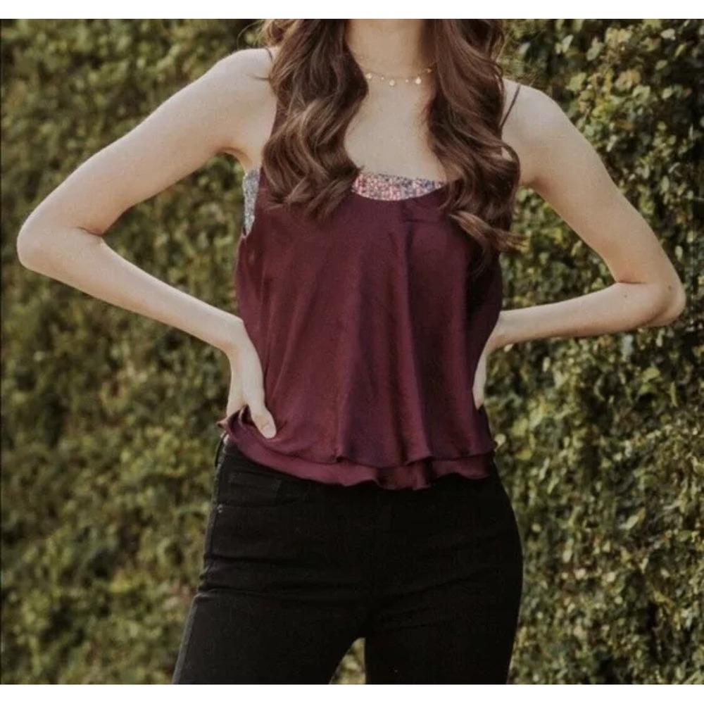 Free People Turn It on Cami Shirt Womens Size XS Red in Velveter Bloom Sequins